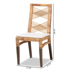 the side view of a wooden chair with white cushion on it and measurements for the seat