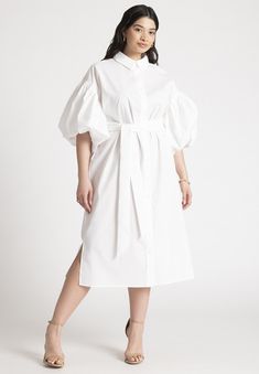 Balloon Sleeve Shirt Dress Tea Party Fashion, White Tea Party, Shirt Dress For Women, Balloon Sleeve Shirt, Button Up Shirt Dress, Shirt Dress Black, White Button Up Shirt, Button Down Shirt Dress, Plus Size Fits