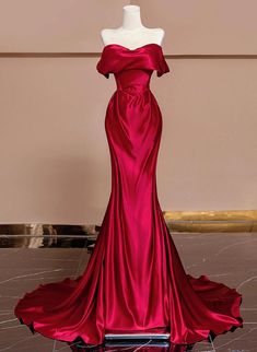 Bold Red Satin Evening Dress with Off-Shoulder Design Classy Evening Dresses, Wine Red Prom Dress, Red Satin Prom Dress, Red Silhouette, Crimson Dress, Red Evening Gowns, Off Shoulder Evening Dress, Multi Way Dress, Gowns Elegant