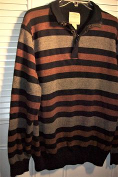 "Telluride knitted sweater in fall colors.  Chest measures 48\", length 28\".  Cotton yarn.  No flaws of any kind.  Stored with TLC.  Comes from a smoke-free home." Knitted Cotton Polo Sweater For Fall, Casual Knit Polo Sweater For Winter, Casual Winter Knit Polo Sweater, Striped Polo Sweater For Fall, Brown Tops For Fall Cold Weather, Brown Tops For Cold Weather In Fall, Striped Knit Sweater For Fall, Brown Polo Sweater For Winter, Casual Brown Sweater For Cold Weather