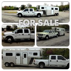 four different trucks are parked in a parking lot with the words for sale on them