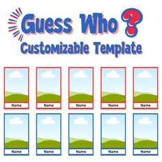 the guess who? customizable template is shown in blue and green with clouds