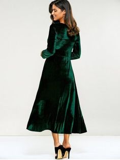 Surplice Velvet Tea Length Long Sleeve Dress Wedding Guest Midi Dress, Wedding Guest Midi Dresses, Midi Dress Elegant, Velvet Wedding, Velvet Dress Long, A Line Maxi Dress, Dress Velvet, Ever Pretty, A Line Prom Dresses