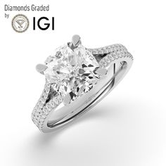 a diamond engagement ring with diamonds on the side and an igi logo above it