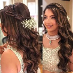 Sangeet Open Hairstyles For Bride, Front Open Hairstyles Indian, Reception Bride Hairstyle For Gown, Reception Open Hairstyles Indian, Sangeet Hair Styles For Bride, Hairdo For Reception Indian, Open Hairstyles On Saree Wedding, Gowns Hairstyles Indian, Sangeet Hairstyles For Bride On Gown