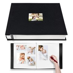 an open photo book with photos on it and a hand holding the cover in front of it