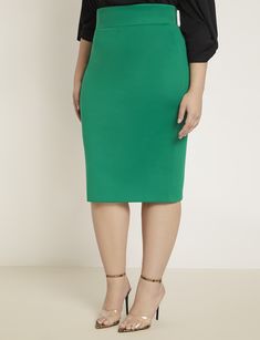 Neoprene Pencil Skirt | Women's Plus Size Skirts | ELOQUII Knee-length Lined Elastane Skirt, Green Stretch Midi Pencil Skirt, Chic Green Knee-length Pencil Skirt, Stretch Green Pencil Skirt, Green Stretch Pencil Skirt, Green Lined Midi Skirt, Spring Knee-length Elastane Pencil Skirt, Green Midi Length Workwear Bottoms, Green Midi Length Lined Skirt