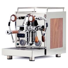 an espresso machine with wooden handles and controls