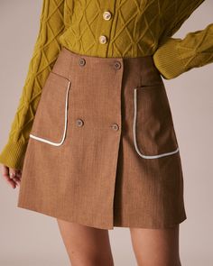 Details:- Khaki- Work- Pockets- Button Fly- Natural Waisted- Regular Fit- 95% Polyester, 5% Spandex- Machine wash or professional dryFabric:This Button Skirt is made of Polyester and Spandex. Polyester is an artificial fiber that feels soft, looks lustrous, and dries fast. It's also durable, with good resistance to wrinkles, stains, and sunlight. Spandex is lightweight and comfortable to wear, resistant to sweat, has excellent elasticity, and is durable and robust.Description:This Natural Waiste 1960 Style, Button Skirt, Woman Dress, Outfits Fall, Contrast Trim, Color Khaki, Dressed Down, Feminine Style, Casual Looks