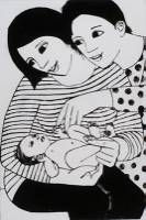 a black and white drawing of two people holding a baby in their arms, with the child's head resting on his mother's shoulder