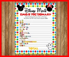 the disney mouse movie emoj dictionary is shown on a wooden background with polka dots