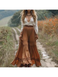 Women Elegant Dresses, Retro V-neck Contrast Linen Women's Long-sleeved Long Skirt Pastoral Style Linen Dress Brown V-neck Boho Dress For Fall, Bohemian V-neck Fall Dresses, Hippie Boho V-neck Dress For Fall, Hippie Boho Dress With V-neck For Fall, Beige Vintage V-neck Dress, Spring Peasant V-neck Dress, Bohemian Long Skirt Dress For Fall, Fitted Bohemian Maxi Skirt For Fall, Bohemian Brown Skirt For Fall