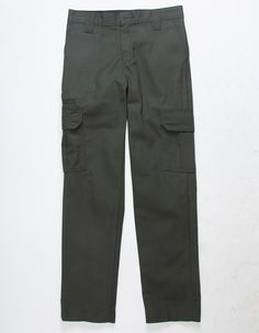 Dickies Cargo Pants. Slim Fit. Straight Leg. Flex Fabric For Ease Of Movement And Durable Light Weight Construction. Wrinkle Resistant. Easy Care Stain Release. Belt Loop Waist. Expandable Cargo Pocket And Multi-Use Cell Phone Pocket. Slant Hand Pockets. Dickies Label On Back Right. Back Welt Pockets With One Button Closure On Left. Button Waist. Zip Fly. Approx. Inseam: 25''. 65% Polyester, 35% Cotton. Machine Wash. Imported. | Dickies Boys Cargo Pants Full Length School Bottoms With Pockets, Full Length Bottoms With Pockets For School, Fitted School Pants With Pockets, Full-length Cotton Bottoms For School, Cotton Bottoms For School, Full Length Cotton Bottoms For School, Cotton Full Length Bottoms For School, Fitted School Bottoms With Pockets, School Trousers With Pockets