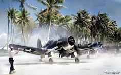 a man standing next to an airplane on a runway with palm trees in the background