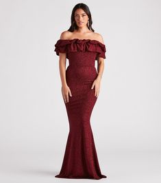 Light up the night in the Halsey glitter formal dress to make your sparkling entrance at galas, black-tie weddings, and banquets. She features an off-the-shoulder neckline with a layered ruffled trim, a figure-flattering mermaid silhouette, and a floor-length hem. The formal dress is composed of a stretchy glitter knit fabric with a bust lining. Complete the look with a clutch and earrings.Fit & FeaturesOff-the-shoulder necklineLayered ruffled trim, bust liningMermaid silhouetteFloor-length Damas Dresses, Dress Satin Bridesmaid, Bachelorette Dress, Purple Bridesmaid Dresses, Bodycon Dresses Casual, Red Bridesmaid Dresses, Bachelorette Outfits, New Years Eve Dresses, Mauve Dress