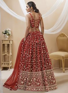 Top 10 Lehenga Choli Trends for 2024 Red Georgette Lehenga, Sangeet Ceremony, Embroidery Online, Zari Embroidery, Designer Lehengas