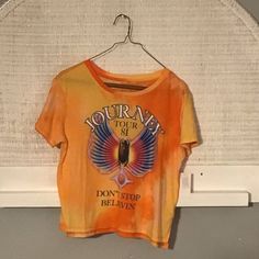 Journey Tour 81 Classic Rock Tie Dye Crop T-Shirt, Lightweight, 60% Cotton, 40% Polyester, Orange Tie Dye, Size Large , (Nwt) Trendy Acid Wash T-shirt For Concert, Spring Festival Casual T-shirt, Summer Concert Tops With Logo Print, Casual Slogan T-shirt For Concert, Casual Graphic Print T-shirt For Concerts, Tan T-shirt For Spring Streetwear, Y2k Style Tops For Spring Concert, Y2k Cotton T-shirt For Music Festivals, Y2k Graphic Print Tops For Music Festival