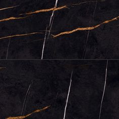 black marble with gold veining and white streaks on the edges is shown in three different angles