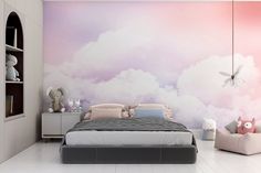 a bedroom with pink and white clouds painted on the wall, bed in foreground