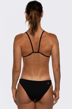 Black Black T-back Tankini For Pool, Black T-back Swimwear For Swimming, Black T-back Swimwear For Beach, Black Swimwear With Drawstring For Swimming, Black Nylon Swimwear With Drawstring, Black Stretch Swimwear With Tie-side Bottom, Black T-back Swimwear, Sporty Tankini With Moderate Back Coverage For Poolside, Black Stretch Tie-side Swimwear Bottom