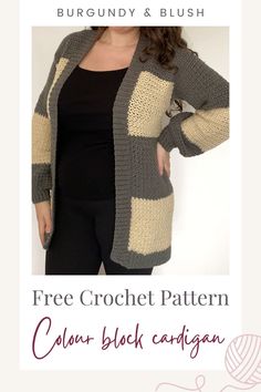 a woman wearing a cardigan and black pants with the text, free crochet pattern