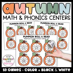 the pumpkin roll and read game for autumn math and phonics centers is shown