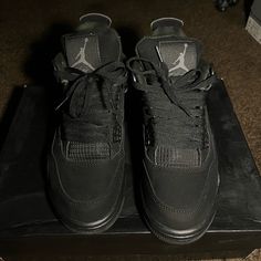 Worn A Few Times Still In Good Condition Definitely In Need Of Someone To Put Them To Better And More Use. Black Jordan Shoes With Rubber Sole, Black Jordan Lace-up Shoes For Streetwear, Black Leather Jordan Shoes With Laces, Black Leather Jordan Shoes, Black Leather Air Jordan 4 With Branded Insole, Air Jordan 4 Black High-top Synthetic, Black Air Jordan 4 With Rubber Sole For Streetwear, Black Leather Air Jordan 4 For Streetwear, Air Jordan 4 Black Synthetic For Streetwear