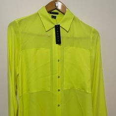 Nwt Theory Ladies Button Now Shirt , Size S/P! Yellow Button Closure Top For Work, Yellow Workwear Tops With Button Cuffs, Yellow Tops With Button Closure For Work, Yellow Tops With Button Cuffs For Work, Yellow Button-up Blouse For Work, Yellow Shirt For Work, Yellow Shirt With Button Closure For Work, Ladies Blouse, Neon Green