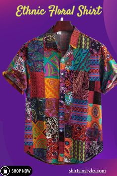 Ethnic Floral Shirt Floral Print Cotton Shirt, Printed Cotton Short Sleeve Shirt, Traditional Relaxed Fit Cotton Shirt, Cotton Short Sleeve Shirt With Vibrant Print, Short Sleeve Cotton Shirt With Vibrant Print, Spring Printed Cotton Shirt, Vibrant Print Short Sleeve Cotton Shirt, Vibrant Multicolor Print Short Sleeve Shirt, Casual Colorful Patterned Shirt