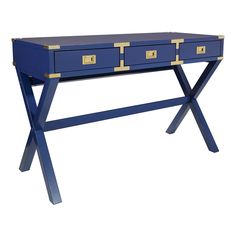 OSP Home Furnishings - Home Office Desks - WELP4630LP - Wellington 46"" Desk with Power in Lapis Blue Finish in Engineered Wood Inspired by the classic elegance of vintage field desks, this stylish writing desk brings traditional style to the modern home office. Whether you are working on your laptop or writing thank you notes to family and friends you’ll love the ample workspace of this writing desk. With three storage drawers, your pens and paper will always be close at hand. Update your home office with the classic charm of the Wellington desk.Solid and manufactured wood; Three storage drawers; Semi Assembled; Contains Power Station; Update your home office with the classic charm of the Wellington desk.. Specifications:Desk Dimensions: 46.25W x 20.25D x 30.31H; Product Weight: 68; Assem Stylish Writing, Campaign Desk, Coastal Condo, Blue And White Living Room, Furniture Shelves, Desk Dimensions, Office Idea, Desk Styling, Desk Size