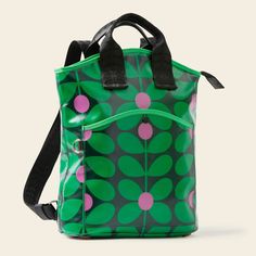 Green women's rucksack for travel, office, or school. This patterned backpack is made from coated cotton and is waterproof. Shop all unique bags by print designer Orla Kiely. Versatile Backpack With Top Carry Handle, Functional Green Backpack With Removable Pouch, Modern School Backpack With Top Carry Handle, Modern Standard Backpack For Errands, Modern Double Handle Backpack For Errands, Functional Green Satchel Backpack, Green Commuting Backpack With Adjustable Strap, Backpack With Top Carry Handle For Daily Use, Trendy Backpack For Commuting