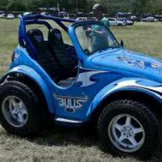 a blue buggy is parked in the grass