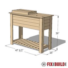 a wooden table with measurements for the top and bottom shelf, including one drawer on each side