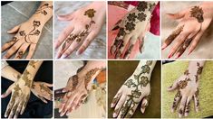 many different pictures of hands with henna designs on them, including flowers and leaves