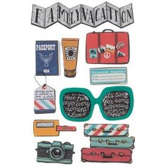 an assortment of luggage stickers with the words, travel and other things on them