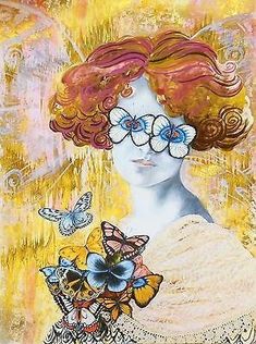 a painting of a woman with red hair and glasses holding butterflies in her hands,