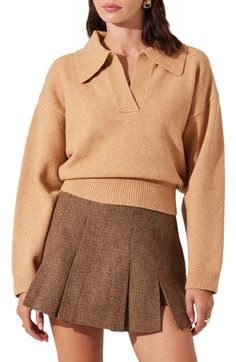 This woolly sweater is updated in a modern cropped silhouette and topped with a polished collar. Spread collar Long sleeves Ribbed cuffs and hem 57% polyester, 22% acrylic, 12% nylon, 6% wool, 3% elastane Dry clean Imported Collared Polo Sweater For Fall, Chic Collared Fall Sweater, Chic Collared Sweater For Fall, Winter Workwear Polo Sweater With Collared Neckline, Fall Polo Sweater With Collared Neckline, Trendy Fall Polo Sweater With Ribbed Cuffs, Trendy Polo Sweater With Ribbed Cuffs For Fall, Fall Knit Cropped Sweater For Work, Fall Tops With Ribbed Cuffs And Collared Neckline