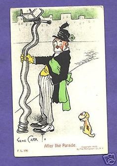 an old postcard shows a man with a hose attached to his head, and a dog looking at him