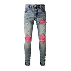 Unleash your inner vibe maverick with our Y2K-inspired pink pieced-together knees men's jeans from the 2023 Spring-Summer Collection! These distressed, skinny mid-waist jeans feature a zipper and button closure, plus stretchy fabric for a look that's timelessly cool and endlessly leisurely.Why You'll Love Them Retro Vibe: Oozing with nostalgic Y2K style, these jeans are the perfect way to bring a touch of vintage-chic to any outfit. Distinctive Distress: Showcasing a unique patchwork of distress Bandana Jeans, Style Bandana, Pink Patchwork, Tattoo Outline Drawing, Patch Jeans, Mid Waist Jeans, Stretch Denim Pants, 2015 Summer, Outline Drawing