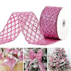 pink christmas tree ribbon with white trim and bows on it, along with other pictures