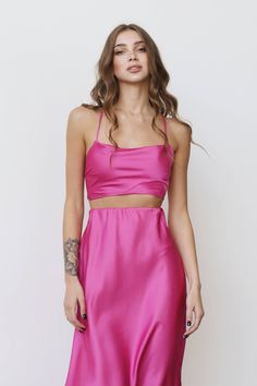 Pink Silk Top, Satin Crop Top, Cami Tank, Fuchsia Set, Skirt Set, Silk Skirt, Spaghetti Strap, Bridesmaid Look, Wedding Guest, Party ⭐Size: Please write your chest and waist and we will make a top to your individual measurements! After you place your order, we may ask you for additional measurements. We do this to ensure that the top fits you perfectly👌😊 ⭐Our fabric: We have used a premium quality satin and 100% silk: it's light and soft, pleasant to wear and easy to wash.  ⭐Shipping: ✈️We hav Pink Camisole Evening Dress, Pink Camisole Dress For Evening, Pink Camisole Dress For Party, Pink Summer Skirt For Prom, Pink Summer Prom Skirt, Fuchsia Top Outfit, Pink Satin Camisole Dress, Pink Camisole Dress For Night Out, Elegant Pink Two-piece Dress For Party