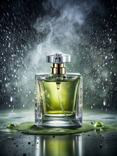 a bottle of perfume sitting on top of a wet ground next to green grass and drops of water