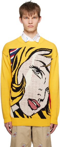 Knit cotton- and silk-blend sweater. · Rib knit crewneck, hem, and cuffs · Intarsia graphic at front Part of Junya Watanabe MAN Roy Lichtenstein capsule collection. Supplier color: Yellow Graphic Sweater Outfit, Chambray Jacket, Camo Sweater, Roy Lichtenstein, Checked Jacket, Graphic Sweaters, Sweater Outfit, Satin Jackets, Twill Shorts