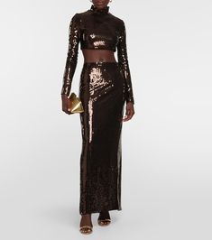 Cherilyn Sequined Crop Top in Brown - Taller Marmo | Mytheresa Contrast Sequin Cropped Top For Evening, Long Sleeve Crop Top For Evening In Fall, Cropped Crop Top With Contrast Sequin For Evening, Evening Sequined Crop Top, Evening Sequin Crop Top, Glamorous Evening Crop Top, Glamorous Sequined Evening Crop Top, Embellished Evening Crop Top For Party Season, Embellished Crop Top For Evening Parties