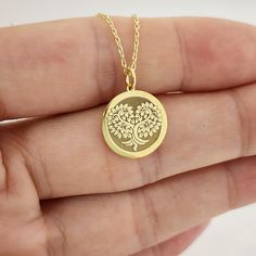 Tree Necklace, 14K Solid Gold Pendant, Tree of Life Charm, Family Tree Necklace, Engraved Tree Pendant, Tree Jewelry, Engraved Disc Charm 14 Material of pendant: Solid gold 14k ♣ Metal Stamp: 14k ♣The pendant is available in 3 sizes: 12.7 / 0,50 inches ( Diameter ) 15.2 mm / 0,60 inches ( Diameter ) 19,1 mm / 0,75 inches ( Diameter ) ( In the photos the size of the pendant is 15mm / 0.55 inches Diameter ) ♣ Material of chain: Solid gold 14k  Chain Length: ♥40 cm / 15,75 inches ( Length ) ♥45 cm / 17,72 inches ( Length ) ♥50 cm / 19,68 inches ( Length ) ♥ 55 cm / 21,65 inches ( Length ) Pendant thickness : 0.55mm Inner diameter of jump ring : 4mm Mother's Day Round Jewelry With Tree Of Life, Mother's Day Tree Of Life Round Pendant Jewelry, Mother's Day Tree Of Life Round Necklace, Mother's Day Tree Of Life Necklace, Tree Of Life Round Pendant Necklace For Mother's Day, Tree Of Life Round Pendant Jewelry Gift, Tree Of Life Jewelry Gift, Tree Of Life Jewelry For Jewelry Making, Round Etched Necklace As Gift