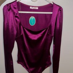 Great Condition! New With Tags! Trendy Purple Bodysuit For Party, Satin Long Sleeve, Long Sleeve Bodysuit, Color Purple, Blush, Womens Tops, Satin, Tags, Purple