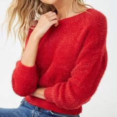 “Forever 21” Brushed Waffle-Knit Sweater. Super Cute And Soft Fuzzy Knit Sweater In Red, Size S. New Without Tags! Waffle Knit Sweater, Open Knit Sweater, Forever 21 Sweater, Forever21 Tops, Ribbed Knit Sweater, Ribbed Sweater, Ladies Tops Fashion, Red Sweaters, Waffle Knit