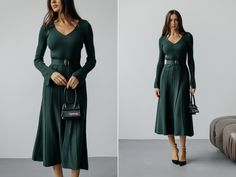 Stunning women's knitted midi dress emerald colour. Sweaterdress with pleated skirt and belt. Long sleeves knitted dress. Formal warm winter dress Material: blend of Cotton 90%, Viscose 10% Colours: Milky, Beige,Black,Sage, Emerald SIZE/LENGTH: XS-S-115cm  S-M-118cm  L-XL- 121 cm  XL-XXL-123cm Model on the Foto  170cm- S size PRODUCT CARE  - It is recommended to handwash 30oC. -twist carefully  Feel Free to Ask Any Question about Sizing and Fit. FREE DELIVERY WORLWIDE! Belted Midi Dress For Winter Workwear, Winter Workwear Dress With Belt, Warm Winter Dresses, Emerald Colour, Black Sage, Knitted Midi Dress, Winter Mood, Short Torso, Long Sleeve Knit Dress