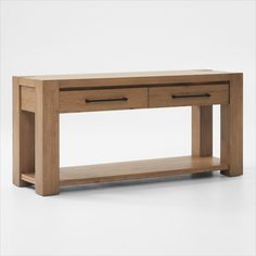 a wooden table with two drawers on one side and an open drawer on the other