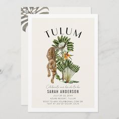 an animal themed baby shower is shown with the name and date on it's card